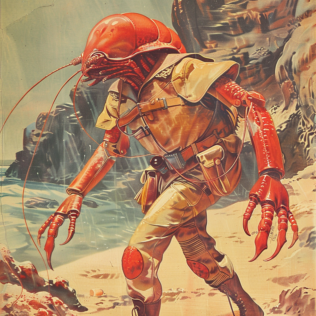 Illustration of an eleven-foot-tall creature with a salmon-colored exoskeleton and pouched belts, walking on a rugged terrain.