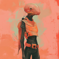 Illustration of a tall alien creature with a salmon-colored exoskeleton, wearing pouch belts and a shoulder cape against an abstract pink background.