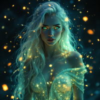 A luminous figure with flowing white hair and glowing eyes, surrounded by sparkling lights, embodies the journey and growth within a Femdom relationship.