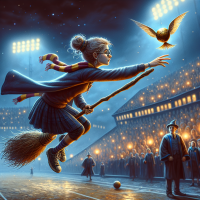 A young witch on a broom reaches for the Golden Snitch during a Quidditch match, with stadium lights and spectators in the background, inspired by the quote: I don't care if you fall off your broom as long as you catch the Snitch first.