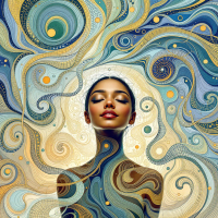 A woman with closed eyes is surrounded by swirling patterns in shades of blue and gold, symbolizing the complexity of choices and their defining consequences.