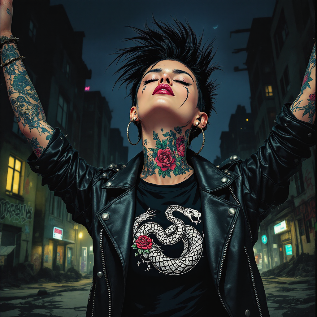 A tattooed person with a bold expression stands in a dimly lit urban street, arms raised in defiance, embodying the spirit of the quote about changing the world by heeding one’s heart.