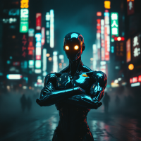 A sleek, black humanoid figure stands confidently in a neon-lit urban landscape, embodying the sentiment of solitude over misunderstood companionship.