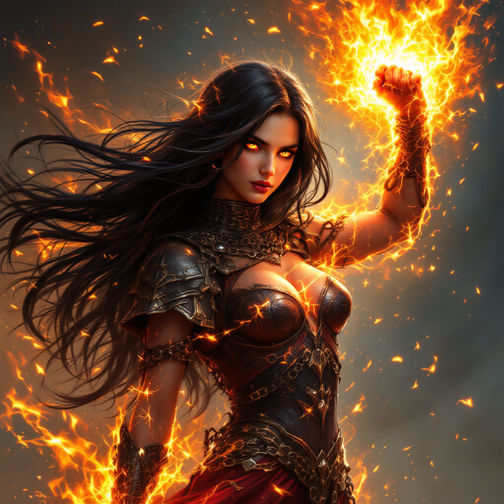 A fierce warrior with flowing dark hair, glowing eyes, and fiery energy surrounding her, embodies strength and rebellion, reflecting the quote about igniting change and breaking chains.