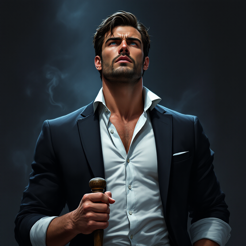 A confident man in a tailored suit stands with a cane, gazing upward with determination, embodying clarity of thought and decision-making. Smoky shadows enhance the dramatic atmosphere.