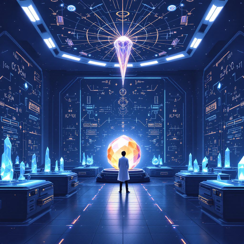 A scientist stands in a futuristic lab filled with glowing crystals and advanced technology, surrounded by intricate diagrams, illustrating the blend of magic and science.