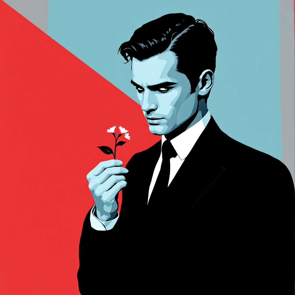 A suited man thoughtfully holds a small flower against a backdrop of bold geometric shapes in red and blue, embodying themes of seduction and adaptation to vulnerability.