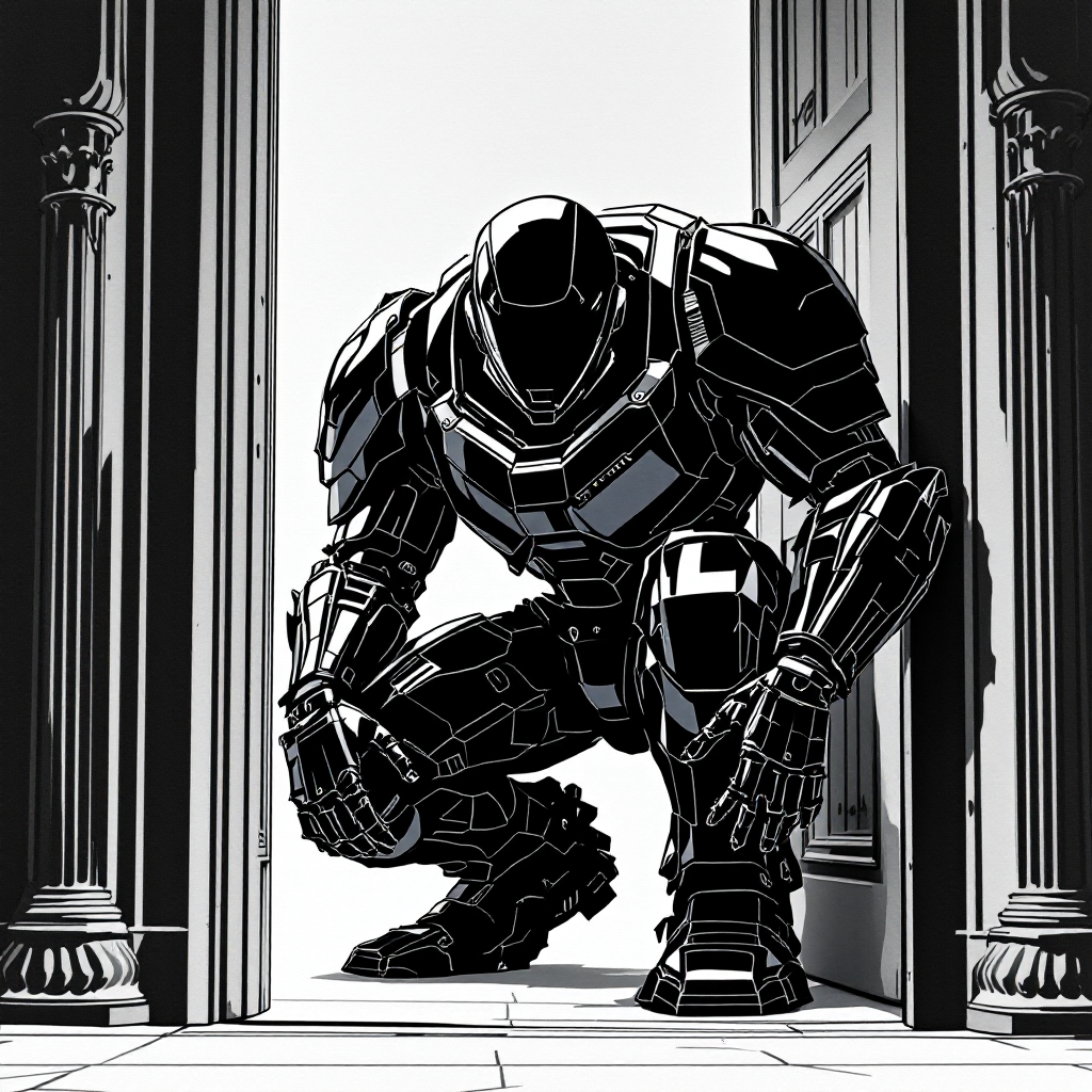 A massive gloss black armored mechanoid crouches in a doorway, resembling a walking, imposing version of O5-8’s limousine, peering intently into the room.