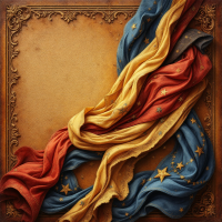 An ornate frame encloses flowing fabrics in red, gold, and blue, interwoven with stars, symbolizing a tapestry of conviction, tragedy, and hope.