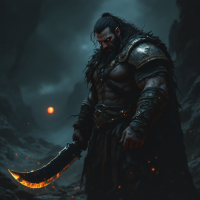 A muscular warrior stands in a dark, stormy landscape, holding a gleaming sword, embodying strength and restraint, reflecting the quote about not drawing arms against kin.