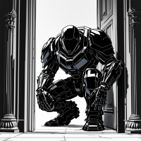 A massive gloss black armored mechanoid crouches in a doorway, resembling a walking, imposing version of O5-8’s limousine, peering intently into the room.