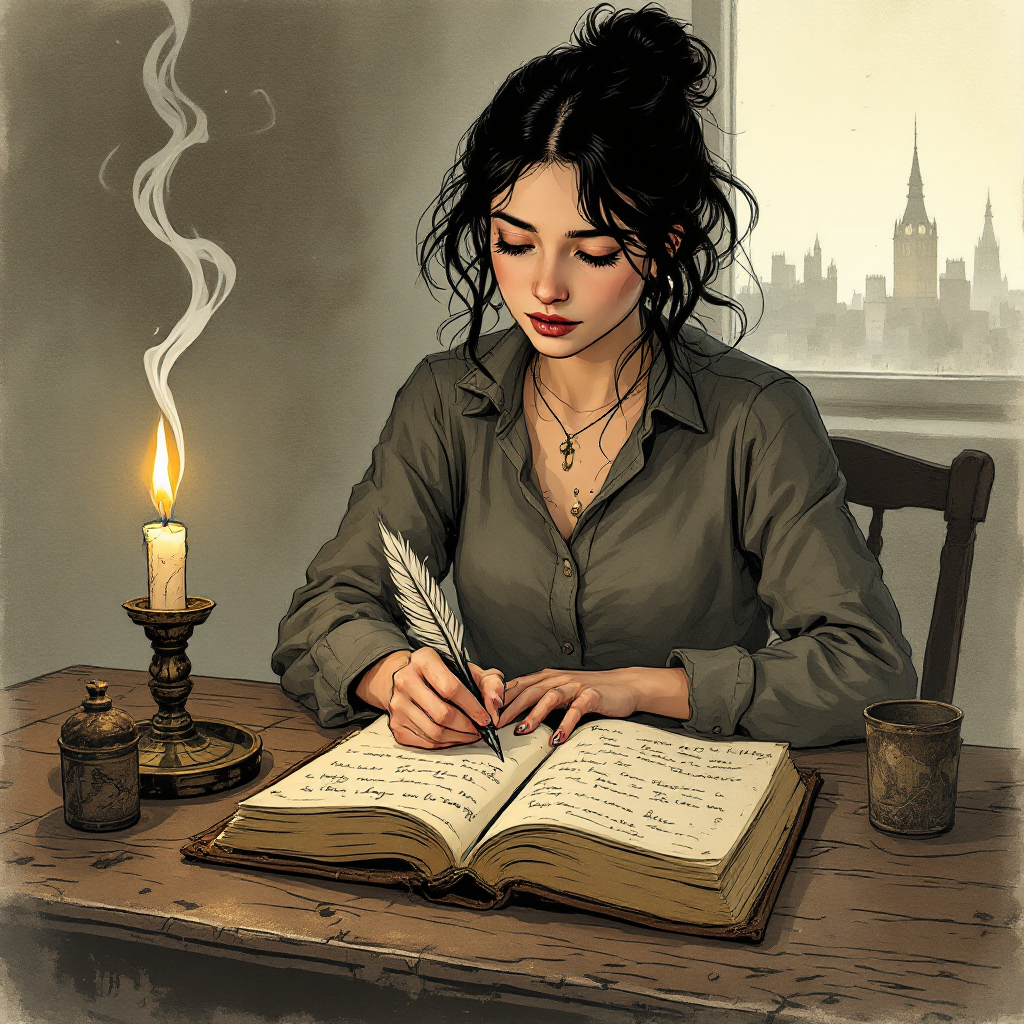 A young woman sits at a rustic table, writing in an open book by candlelight. The quote Nothing is ever really lost to us as long as we remember it resonates in her thoughtful expression.