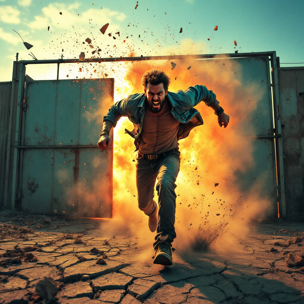 A man bursts through a collapsing gate, enveloped in flames and debris, embodying a frantic escape and the onset of a destructive journey across the earth.