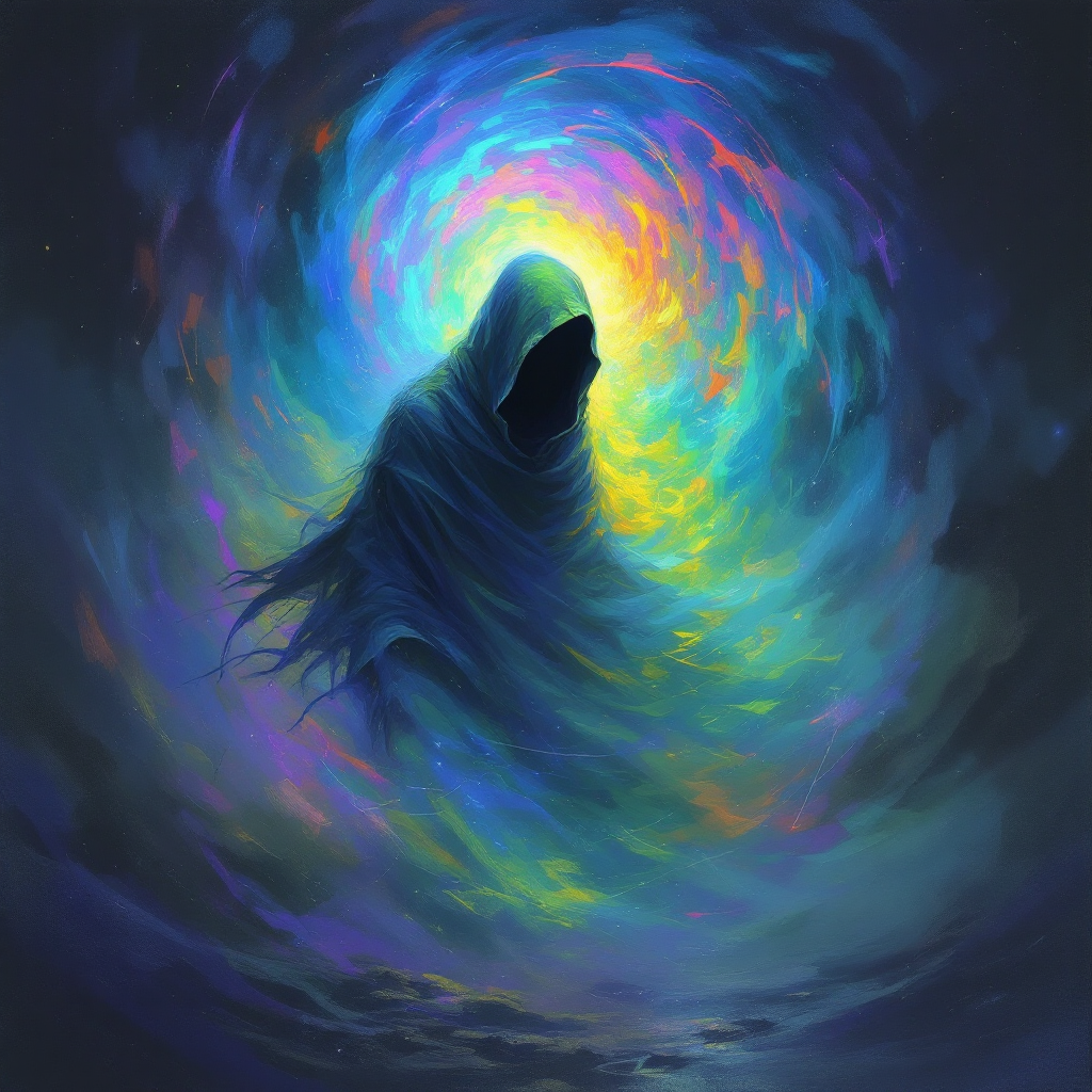 A shadowy figure cloaked in darkness emerges from a vibrant, swirling vortex of colors, embodying the fear and mystery of the unknown.