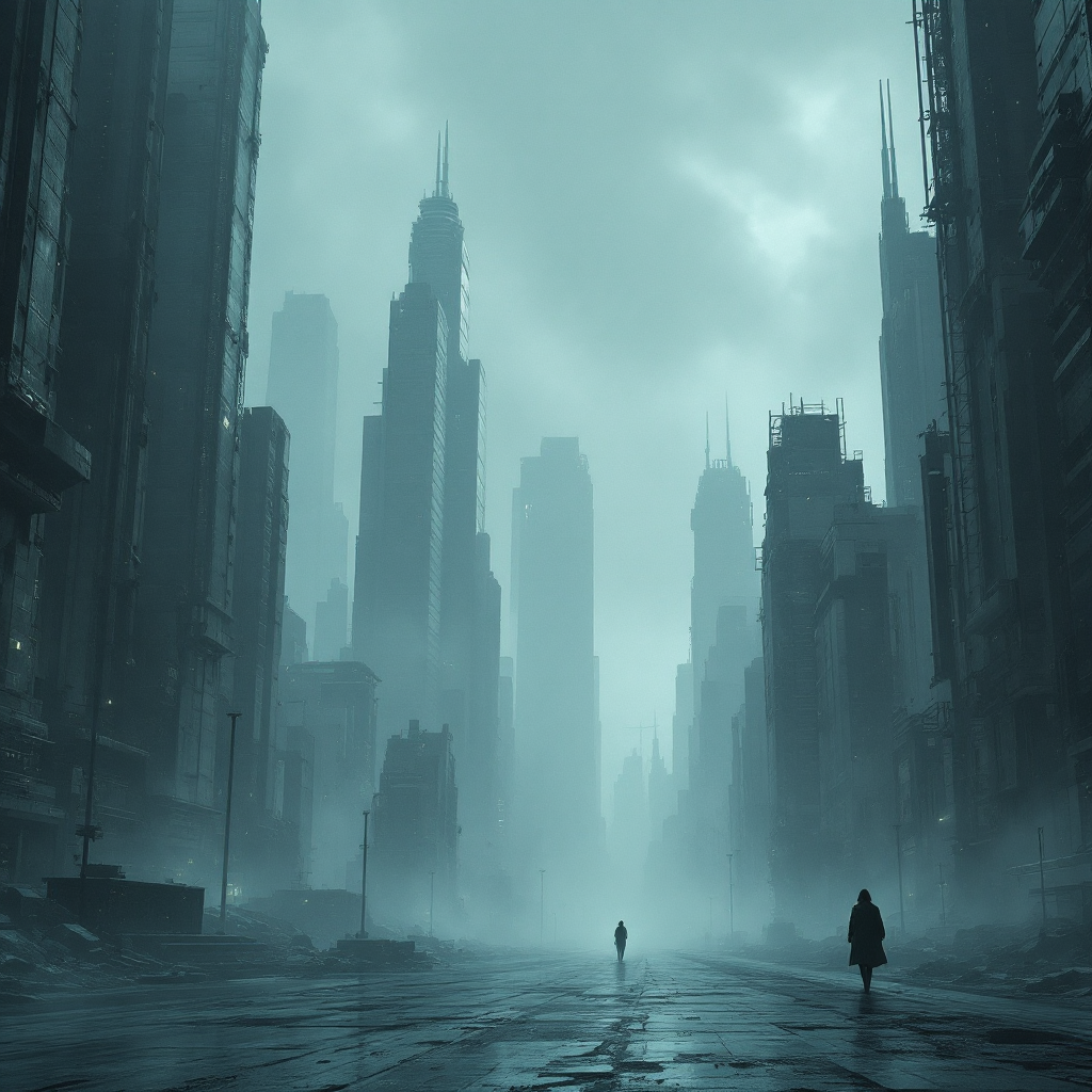 A lone figure walks through a foggy, desolate cityscape, with towering skyscrapers shrouded in mist, evoking the idea that the future is not predetermined.