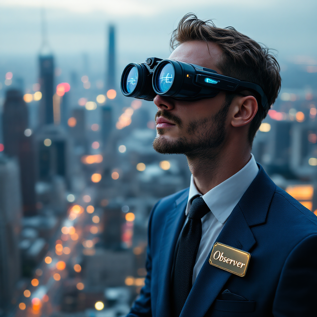 A man in a suit wearing high-tech binoculars gazes over a city skyline at night, embodying the idea of observation and perspective.