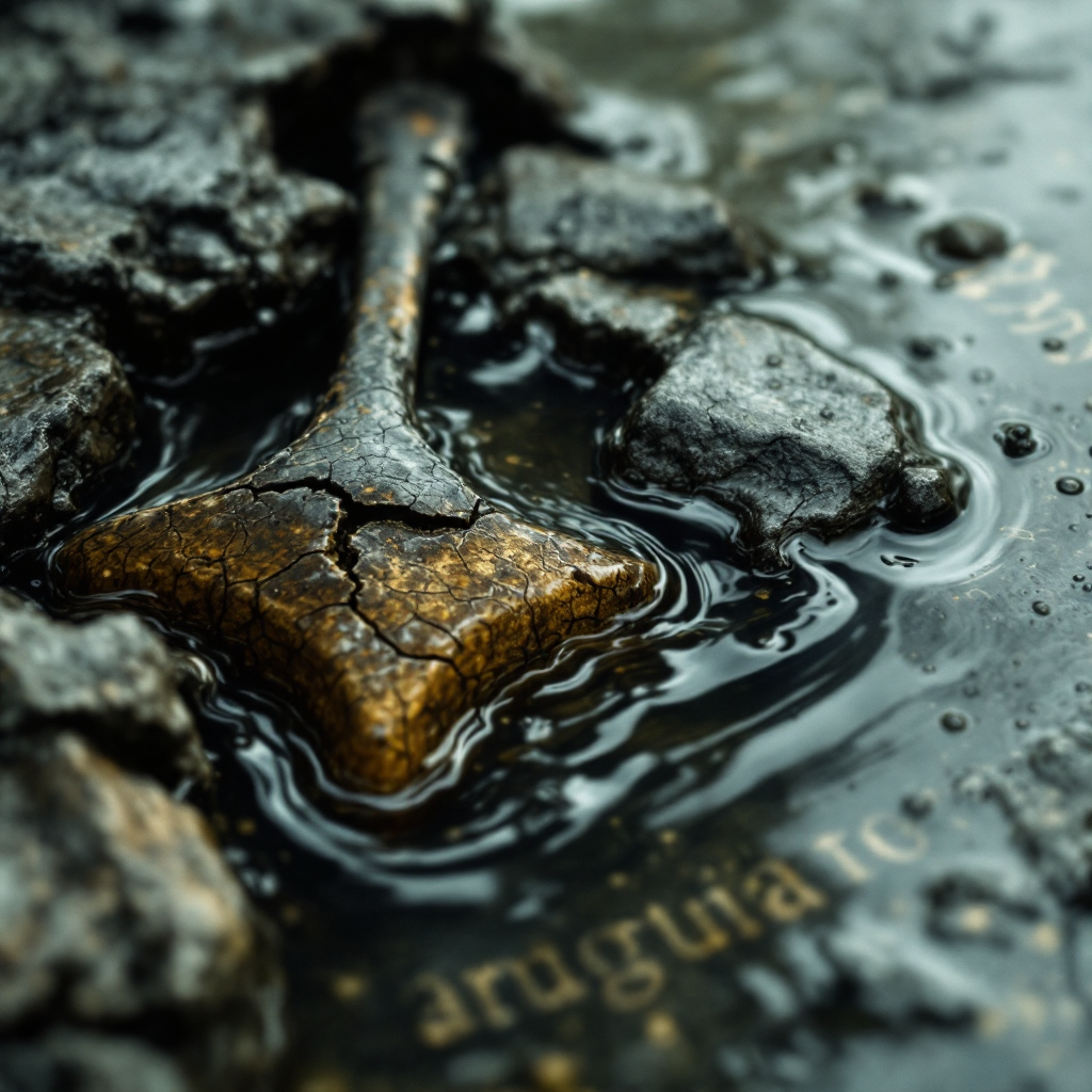 A rusted, weathered shovel partially submerged in dark, murky water, with faint, forgotten words visible beneath the surface, reflecting the quote about the insignificance of words.