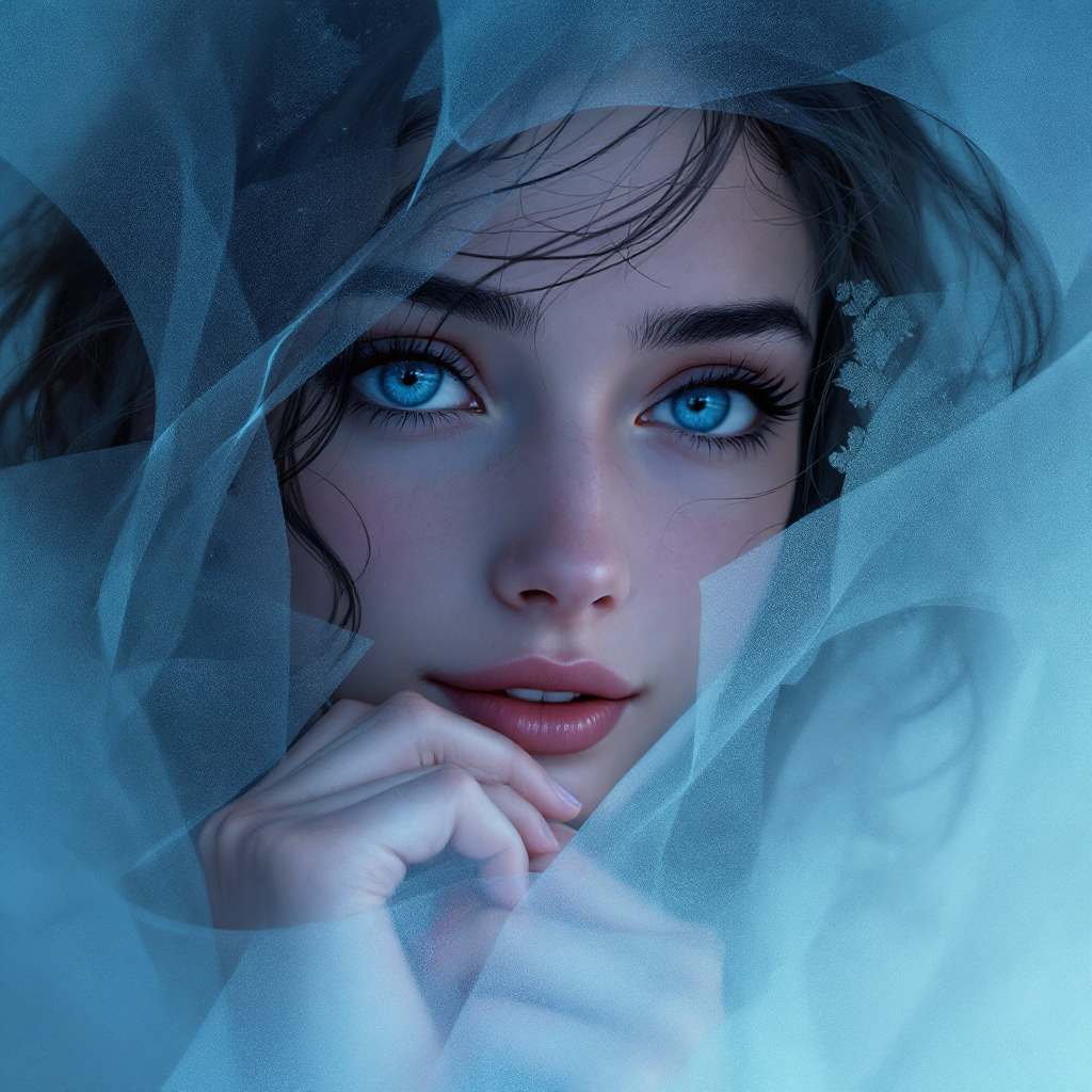 A close-up of a young woman's face partially obscured by delicate blue fabric, capturing a blend of beauty and introspection, reflecting the quote about love and loneliness.