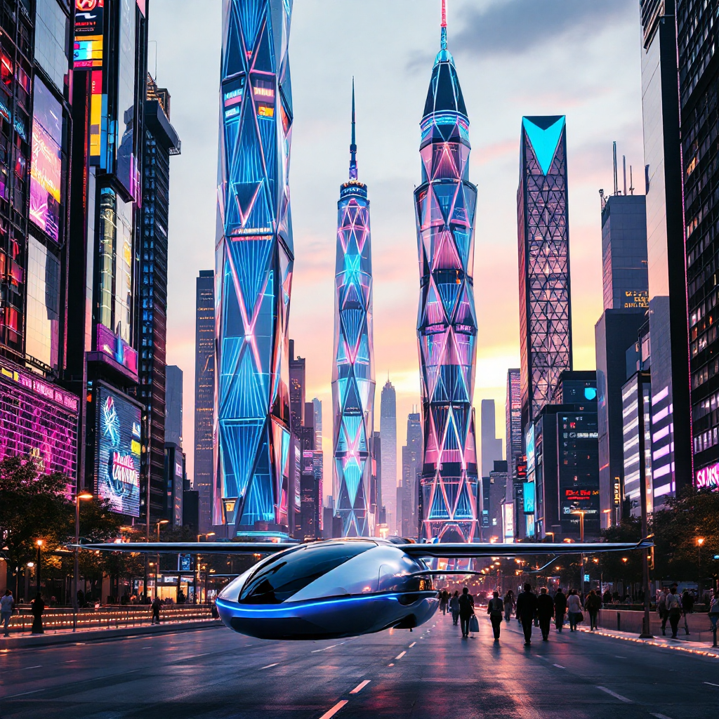 A futuristic city skyline features tall, illuminated skyscrapers with vibrant colors. A sleek hovercraft glides above a bustling street, highlighting the contrast of technology and urban life.