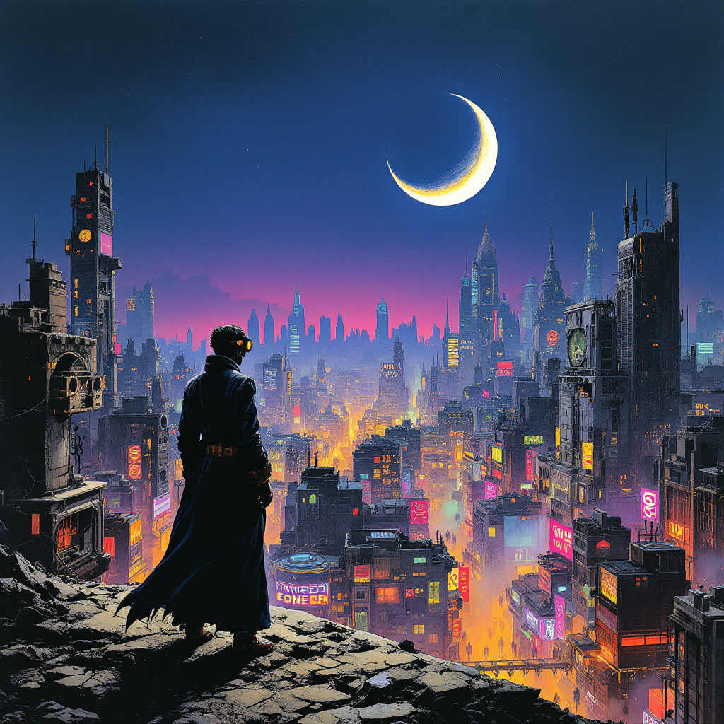 A figure stands on a rocky outcrop overlooking a vibrant, futuristic cityscape illuminated by neon lights and a crescent moon, embodying the urgency of not letting the world fall apart.