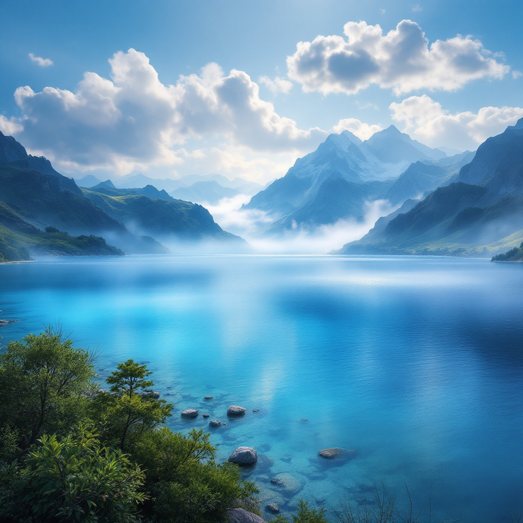 A serene landscape showcases a tranquil lake surrounded by majestic mountains, under a soft blue sky with fluffy clouds, embodying the sentiment from the quote: Everything was beautiful and nothing hurt.