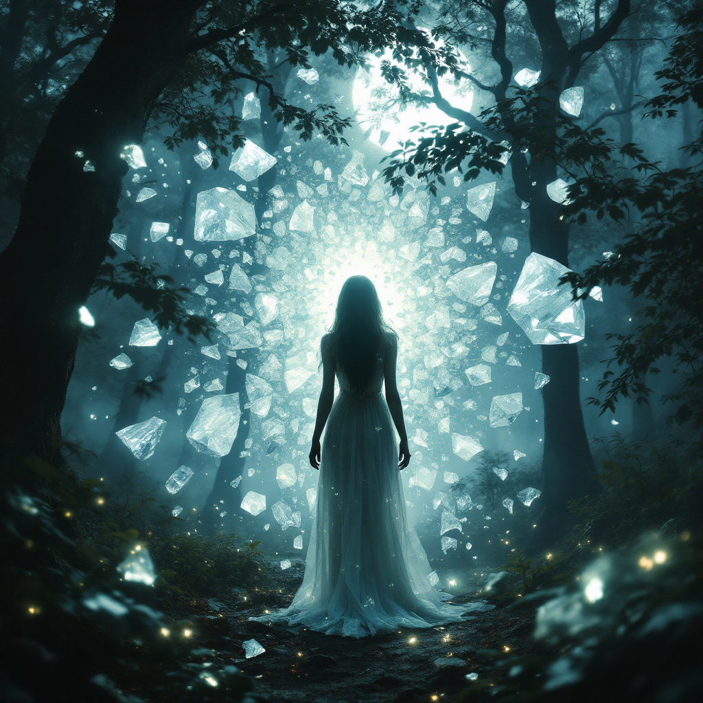 A lone figure in a flowing white dress stands in a dark forest, surrounded by glowing shards of light, reflecting the theme of confronting one’s own cowardice.