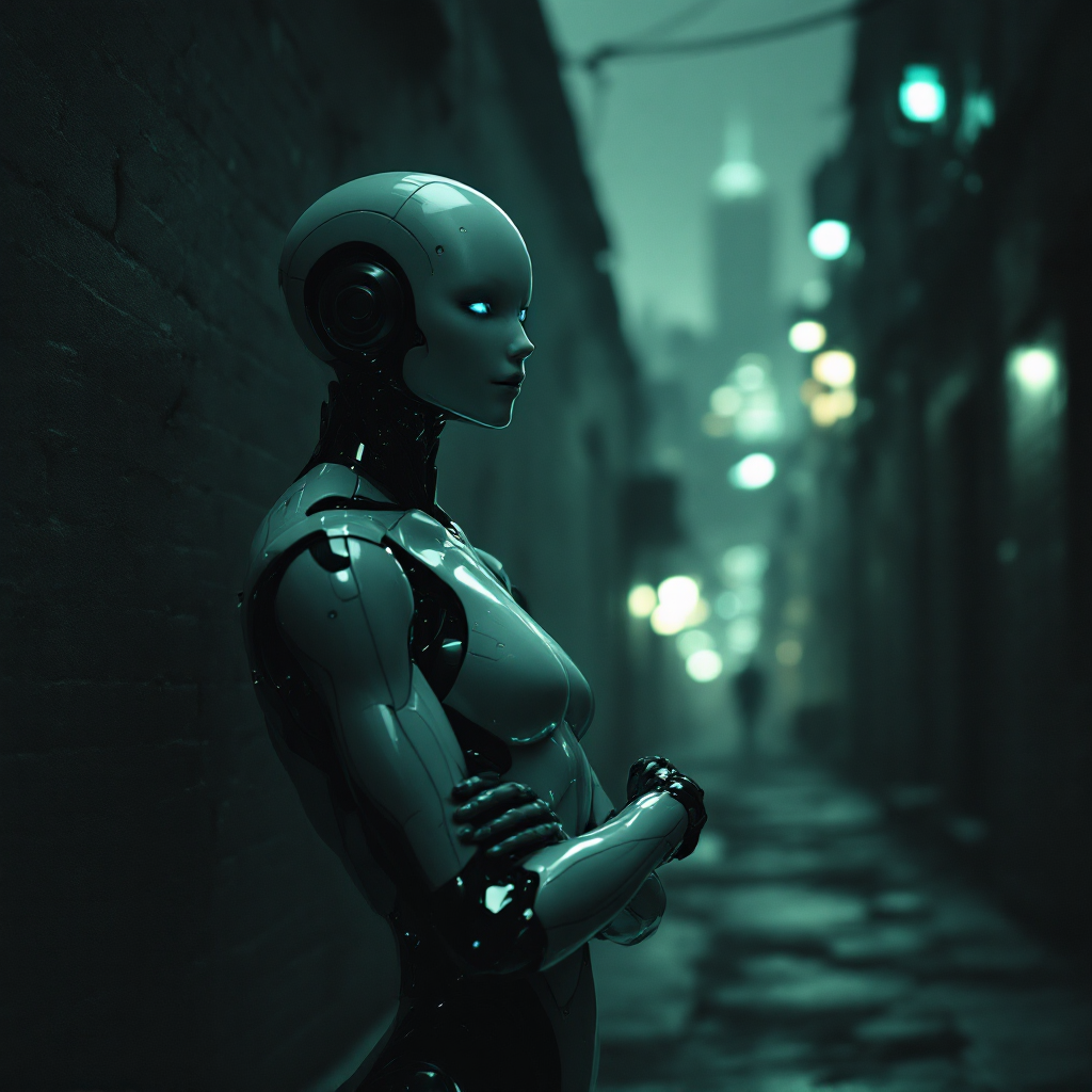 A sleek android stands in a dimly lit alley, embodying the contrast between flawless design and a lack of spirit, reflecting humanity's longing for empathy and connection.