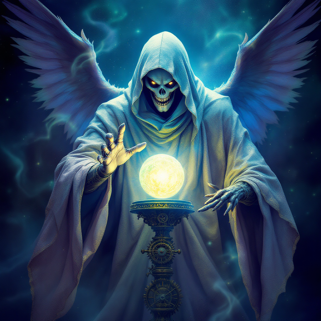 A cloaked figure with skeletal features and large wings hovers over a glowing orb, embodying the essence of the quote, Time is a thief, and it steals from me every day.