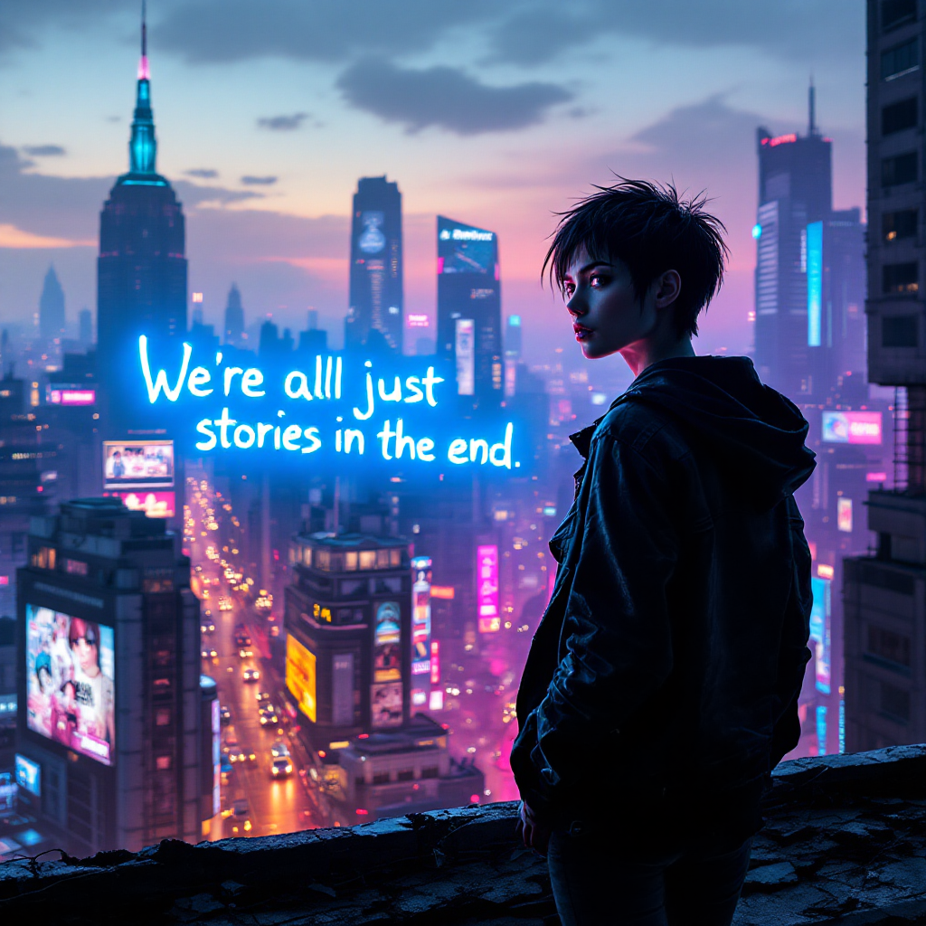 A silhouette of a person gazes over a vibrant city skyline at dusk, with neon lights illuminating the streets below. The text, We're all just stories in the end, is displayed above them.