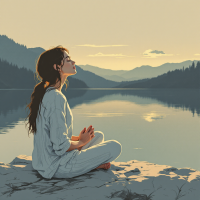 A woman sits serenely on a rock by a tranquil lake, surrounded by mountains, embodying the peaceful focus that comes with the skill of waiting.