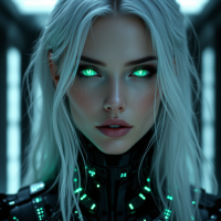 A striking figure with pale hair and glowing green eyes, dressed in a futuristic, high-tech outfit, embodies an intense gaze reminiscent of the quote, I gave her my deluxe I'll-Kill-You-Later stare.