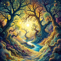 A vibrant, swirling forest scene illuminated by two bright suns, with twisting trees and a gentle stream, reflecting the theme of embracing change and our responses to it.