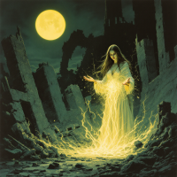 A ghostly figure in a flowing white dress stands amidst crumbling ruins, conjuring vibrant, glowing energy under a full moon, embodying the theme that unacknowledged blessings may lead to curses.