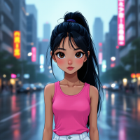 A young girl with long black hair tied in a ponytail stands alone in a vibrant urban setting, embodying the quote A girl has no name against a backdrop of neon lights and rainy streets.