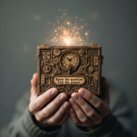 A person holds an intricately designed puzzle box emanating a soft glow, symbolizing the quest for understanding and the essence of solving mysteries.