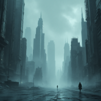 A lone figure walks through a foggy, desolate cityscape, with towering skyscrapers shrouded in mist, evoking the idea that the future is not predetermined.