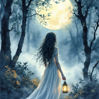 A serene figure in a flowing white dress stands in a misty forest, holding a lantern under a bright full moon, embodying the courage to confront fear.