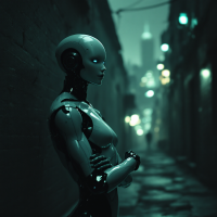 A sleek android stands in a dimly lit alley, embodying the contrast between flawless design and a lack of spirit, reflecting humanity's longing for empathy and connection.