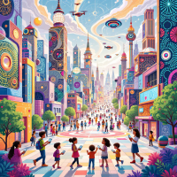 A vibrant cityscape filled with futuristic architecture, colorful patterns, and flying drones, showcasing a diverse crowd engaging with technology and highlighting its impact on society.