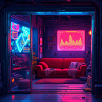 A cozy, neon-lit room features a red couch, vibrant wall art, and ambient lighting, embodying the essence of safety and comfort, reflecting the sentiment, Home is where you feel safe.