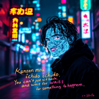 A vibrant, neon-lit cityscape features a person with a glowing blue face, embodying the quote, You can't just sit back and wait for something to happen, emphasizing proactive living.