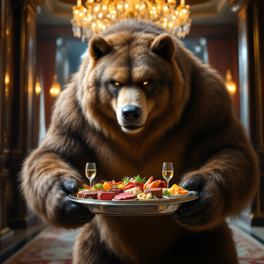 A large furry creature, resembling a bear, enters a grand setting holding a lunch tray filled with gourmet food and drinks, embodying a whimsical interpretation of the book quote.