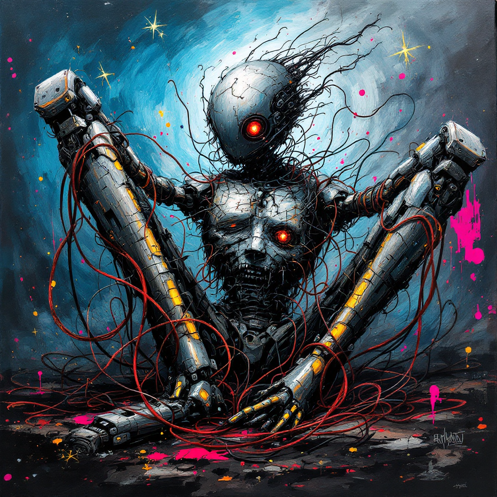 A manically depressed robot sits in a colorful, chaotic environment, with exposed wires and a distressed expression on its metallic face, embodying the complexity of its emotional state.