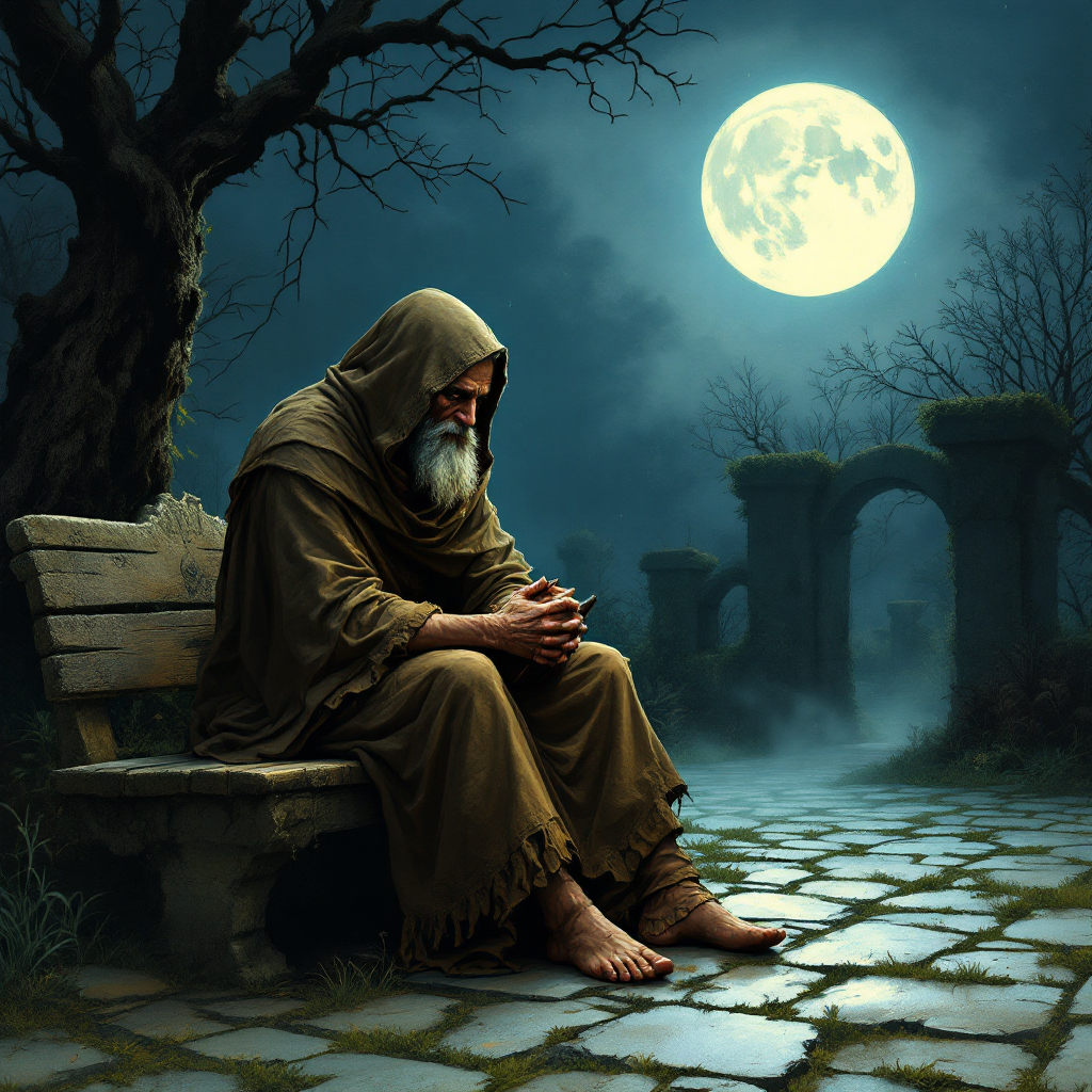 A hooded figure sits on a bench, lost in thought under a full moon, surrounded by a misty, eerie landscape, embodying the profound connection between philosophy and life's challenges.