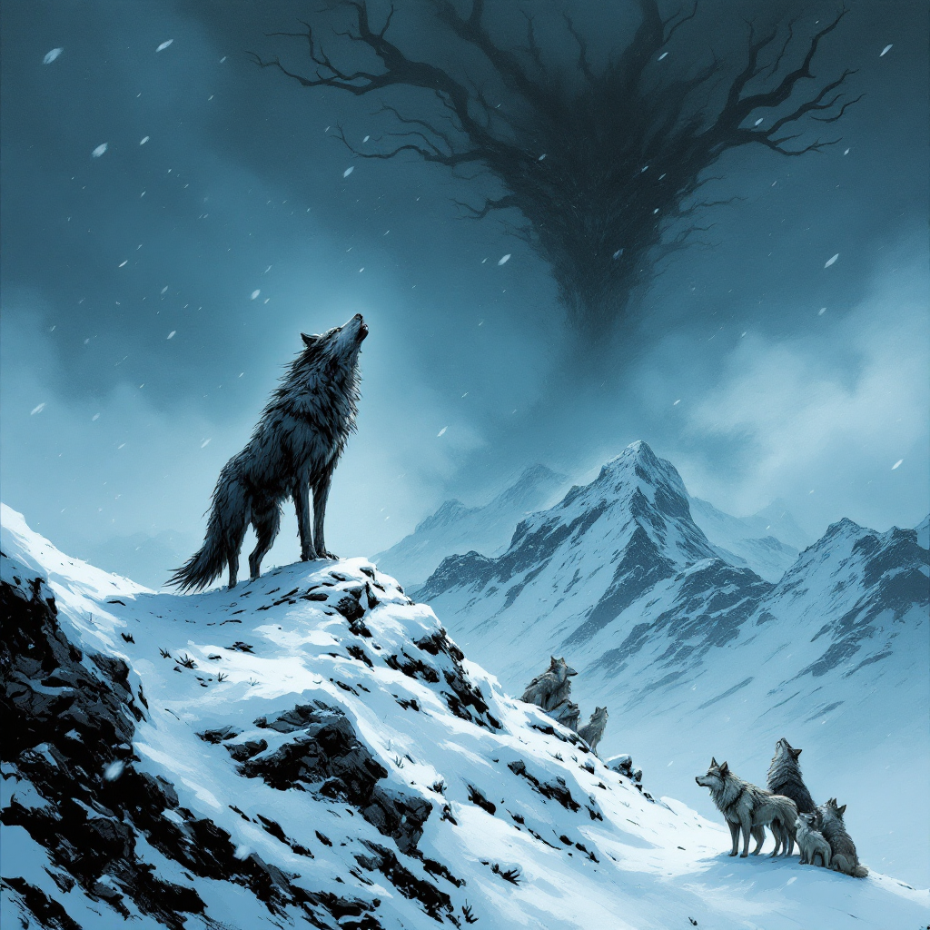 A lone wolf stands atop a snowy mountain, howling into the cold wind, while a pack of wolves gathers below under a dark, looming tree, embodying survival in harsh conditions.