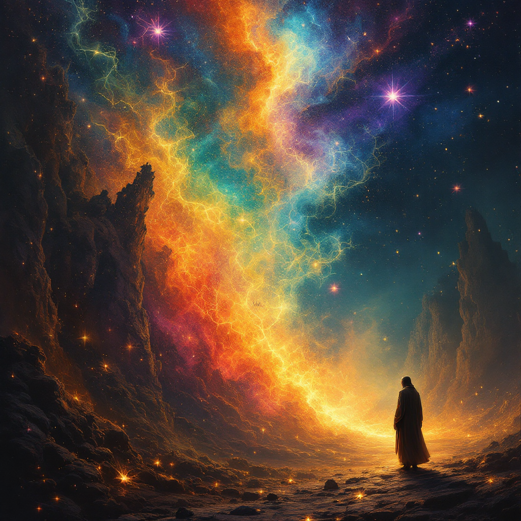 A silhouette of a figure stands before a vibrant, swirling cosmic scene, embodying the power of words to spark imagination amidst the vast, colorful expanse of the universe.