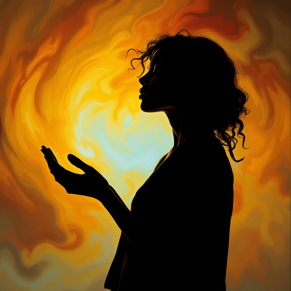 A silhouetted figure stands in profile against a swirling orange and yellow background, symbolizing the courage to embrace one's true self amid fear.