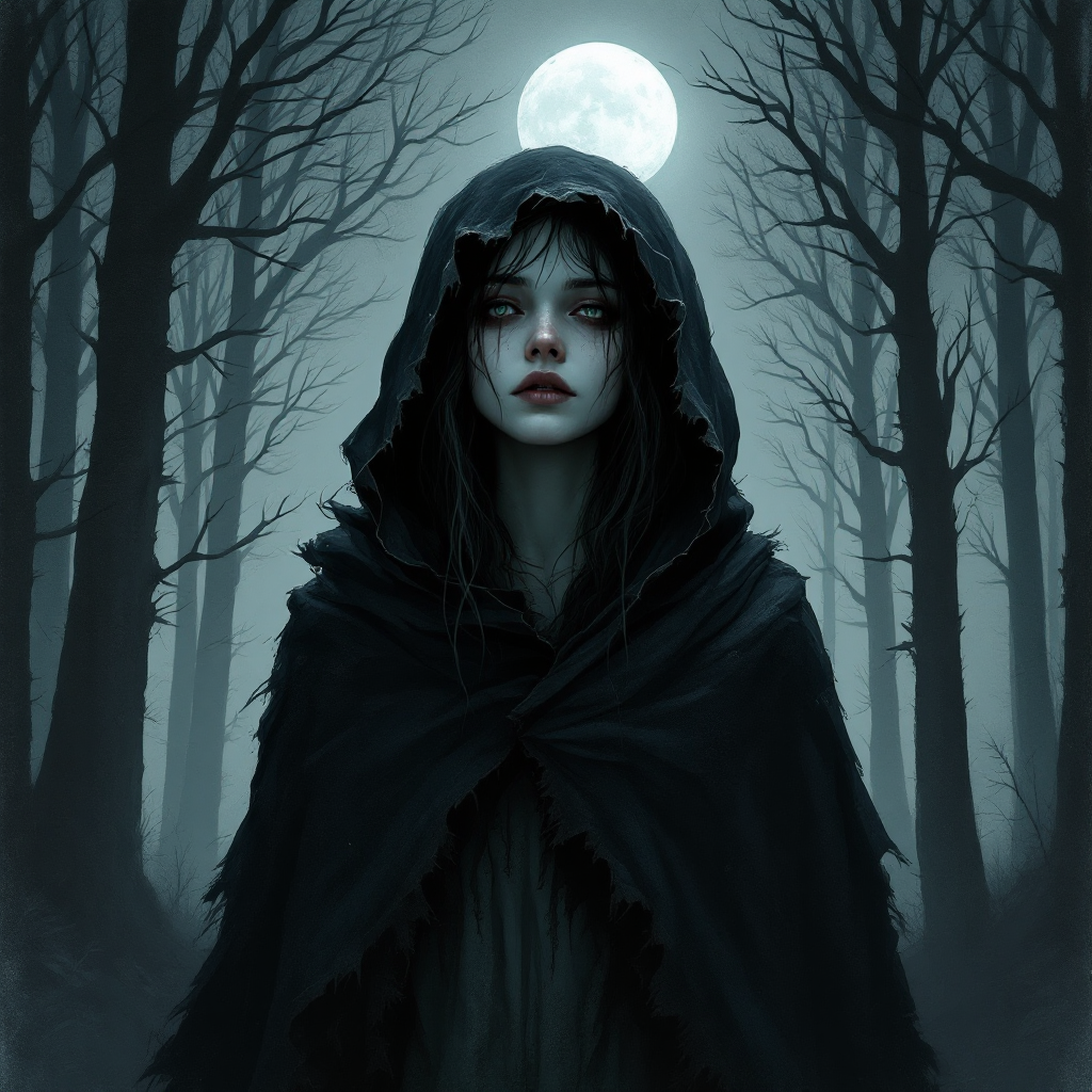 A mysterious figure in a dark cloak stands in a misty forest under a full moon, embodying themes of trauma and self-perception. Shadows and trees loom in the background.