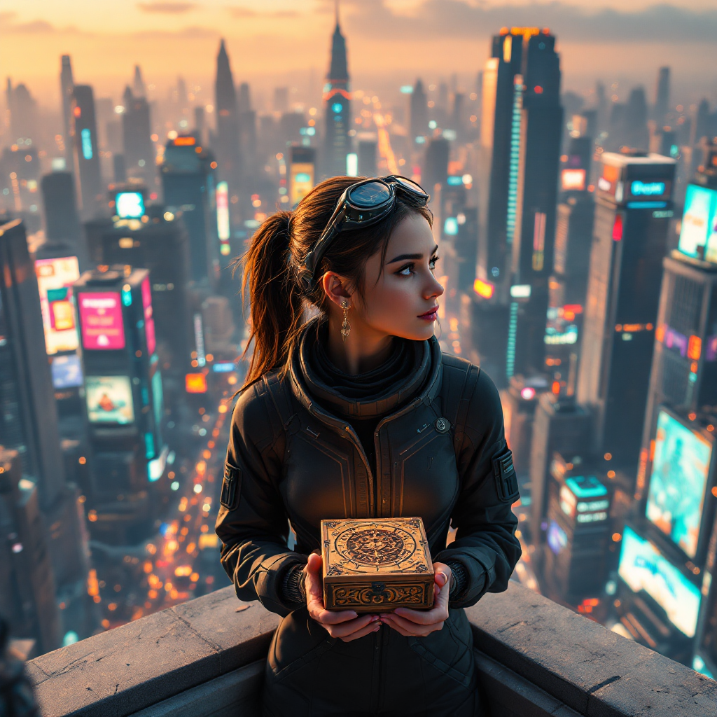 A woman stands on a rooftop at sunset, holding a decorative box, gazing thoughtfully over a vibrant, illuminated city, embodying the quote about making the most of what we have.