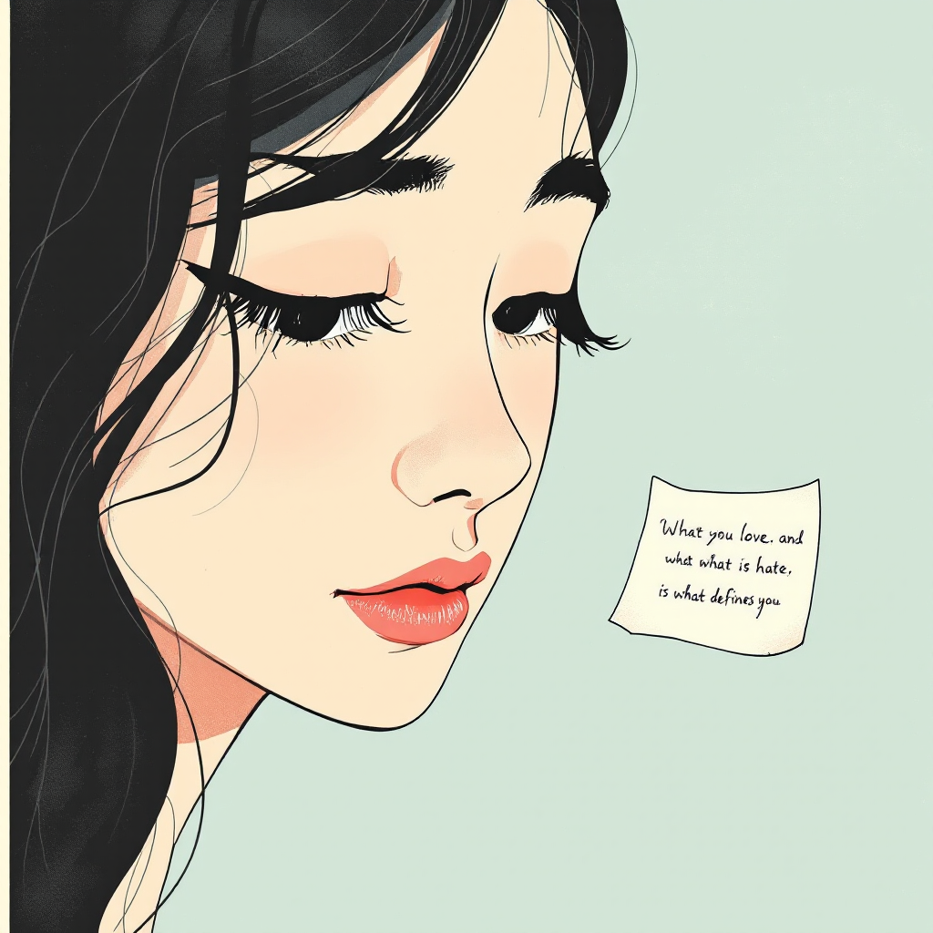 A close-up illustration of a woman with long dark hair, gazing thoughtfully to the side. A quote about love and hate defining us is visible on a note beside her.